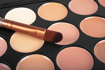 Brush for concealer and a palette of professional makeup concealer, close up image