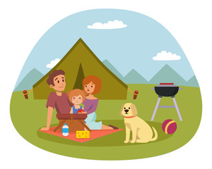 Naklejka premium Picnic setting with fresh food hamper basket barbecue resting couple and summer meal party family people lunch garden character vector illustration.