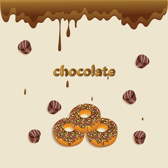 Chocolate, sweets and donuts. Set. Design for the menu. Milk chocolate, cream, butter. Vector graphics with text.
