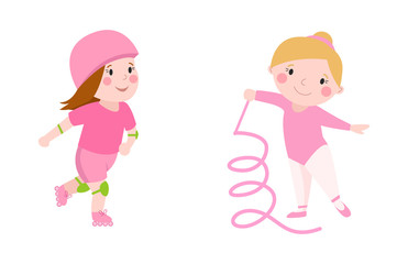 Roller beautiful girl funny sports character skating outdoor summer children hobby and cute young female in pink gymnast with ribbon happy leisure dancer vector.