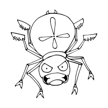 The outline of a spider in a cartoon style. A sketch of the insect. Vector isolated image. The emotion of anger.