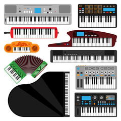Keyboard musical instruments isolated classical melody studio acoustic shiny musician equipment and orchestra piano composer electronic sound vector.
