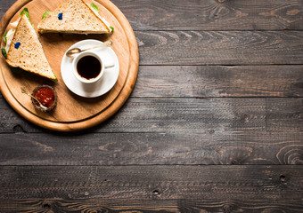 Top view of Healthy Sandwich toast with lettuce,  on a wooden background
