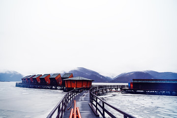 Romania. modern exotic resort on Danube winter time