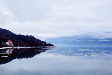 beautiful scenery with a mountain river in winter
