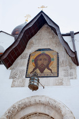 Mosaic icon of Jesus Christ and architectural decor of Pokrovsky Cathedral  Convent