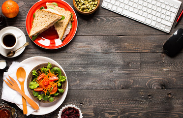 Top view of Healthy Sandwich toast with lettuce,  on a wooden background