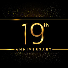 Celebrating of 19 years anniversary, logotype golden colored isolated on black background and confetti, vector design for greeting card and invitation card