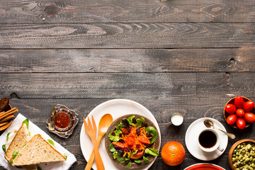 Top view of Healthy Sandwich toast with lettuce,  on a wooden background
