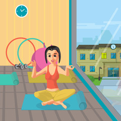 Young beautiful woman sitting in yoga pose in the gym. Flat cartoon isolated vector illustration