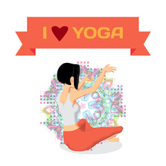 Ornament card with beautiful woman sitting in yoga pose. Flat cartoon isolated vector illustration