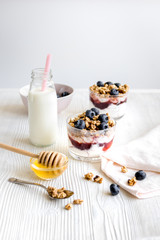 Cooking breakfast with granola and berries on white kitchen background