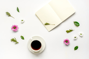 Notebook with cup of coffee on white background top view mockup