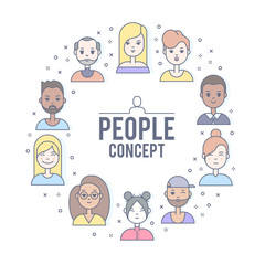 Linear Flat people faces vector illustration.