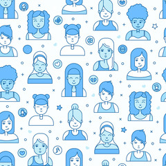 Linear Flat people faces vector seamless pattern.