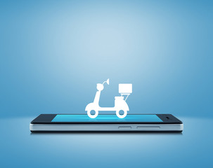 Motor bike icon  on modern smart phone screen over gradient blue background, Business delivery service concept