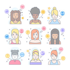 Linear Flat people faces vector icon set, illustrations set.