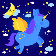 Cute unicorn flying in the night sky. Vector illustration