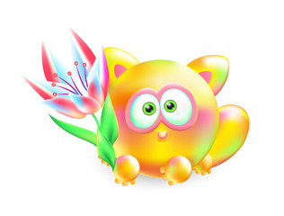 Vector 3d illustration little kitten. Realistic multi-colored cheerful cat with beautiful flower on a white background.