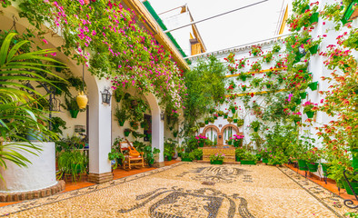 Traditional house and courts with flower in Cordoba, Spain