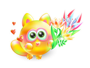 Vector 3d illustration enamored little kitten. Realistic multi-colored amorous cat with beautiful bouquet of flowers on a white background.