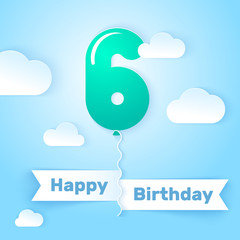 Happy Birthday card template with number balloon. 6 years. Vector illustration