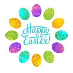 Easter greeting card with colorful eggs on a white background. Vector illustration