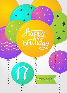 Happy Birthday card template with balloons. 17 years. Vector illustration