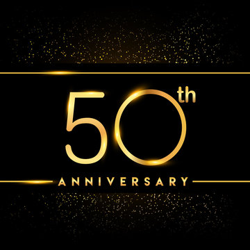 Celebrating Of 50 Years Anniversary, Logotype Golden Colored Isolated On Black Background And Confetti, Vector Design For Greeting Card And Invitation Card