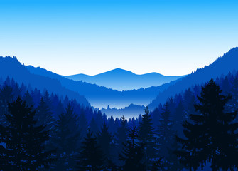  Panorama of mountains. Valley(canyon). Three peaks. Blue shades. Winter.