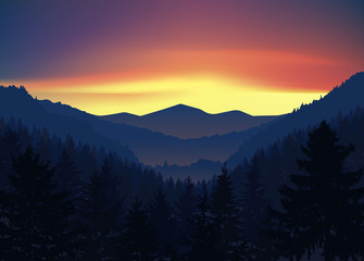  Panorama of mountains. Valley(canyon). Three peaks. Evening. Aurora.