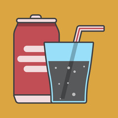 Soda, tubule and glass, cold drink, vector image, flat design, outline style