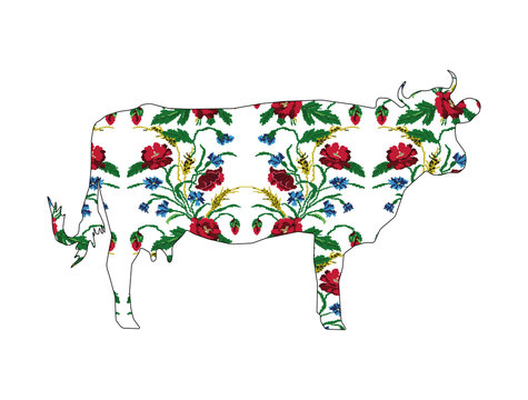 Silhouette of cow with color  bouquet of flowers (poppies,ears of wheat and cornflowers) using traditional Ukrainian embroidery elements.