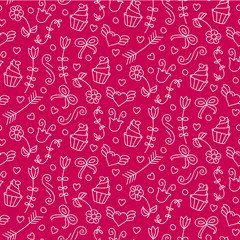 Sweet vector seamless pattern with hearts, cupcakes, flowers, bows. Cute endless background.