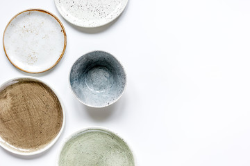 ceramic tableware top view on white background mock up