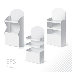 White Empty Displays With Shelves Products.Display on Isolated white background. Mock-up template ready for design. Product Packing Vector