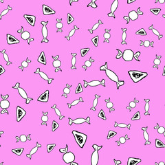 Pink seamless texture on Purim with Gomentash, candy. Doodle, sketch, hand drawing. Vector illustration
