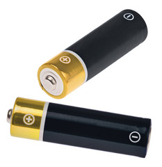 two black and yellow batteries on white