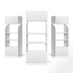 White Empty Displays With Shelves Products.Display on Isolated white background. Mock-up template ready for design. Product Packing Vector