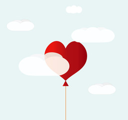 Fototapeta na wymiar Valentine heart-shaped baloon in a blue sky with clouds. Vector background