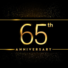 Celebrating of 65 years anniversary, logotype golden colored isolated on black background and confetti, vector design for greeting card and invitation card