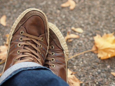 Close up view of brown men's shoes.