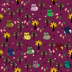 Owls forest vector seamless pattern