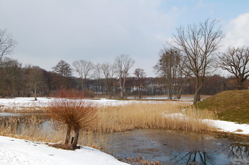 Amazing winterly landscape scenery at a lake in Ulrichshusen in Germany