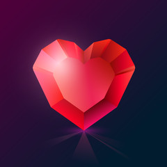 Shining Crystal red heart on a dark background. Vector Illustration