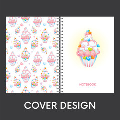 Ready design covers for notebooks with beautiful pastries. Background of cakes. Vector illustration.
