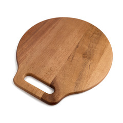 Wooden round empty board for pizza on white background.