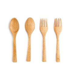 wooden spoon and wooden fork on white background.