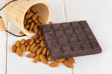 Almonds milk and chocolate on white wooden background.