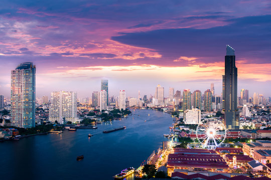 Bangkok skyline with downtown and famous shopping & hotel district.